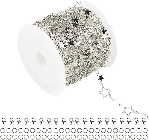 YOUBEIYEE Cadena de 16.4 pies  16.4 ft para hacer joyas, cadena de eslabones huecos de latón chapado en plata con forma de estrella hueca, collar,