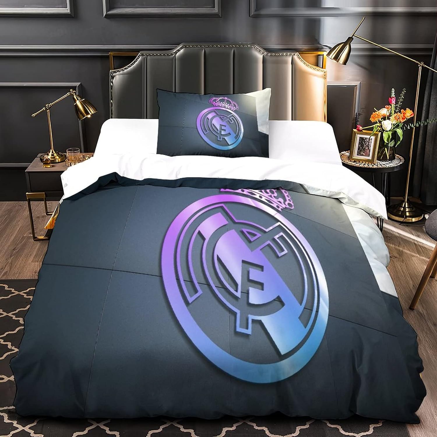 Juego de Ropa de Cama Real Madrid CF Funda nórdica Copa del Mundo de fútbol para niños Niños Niñas Funda de edredón Ropa de Cama Edredón Decoración para el hogar Individual (135x200cm)