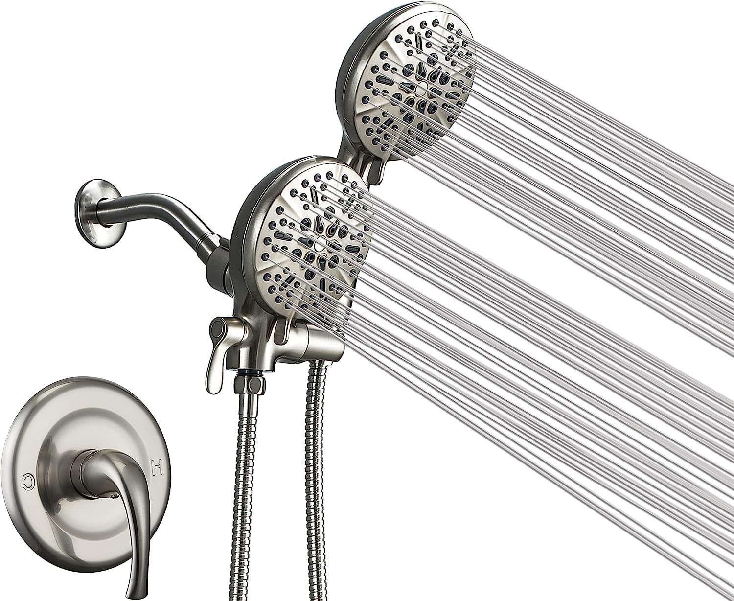Shower System, Dual Shower Faucet with Valve, 5'' Handheld Showerhead & Rain Shower, High Pressure 3-way Water Diverter Shower Trim Kit 24-Function Brushed