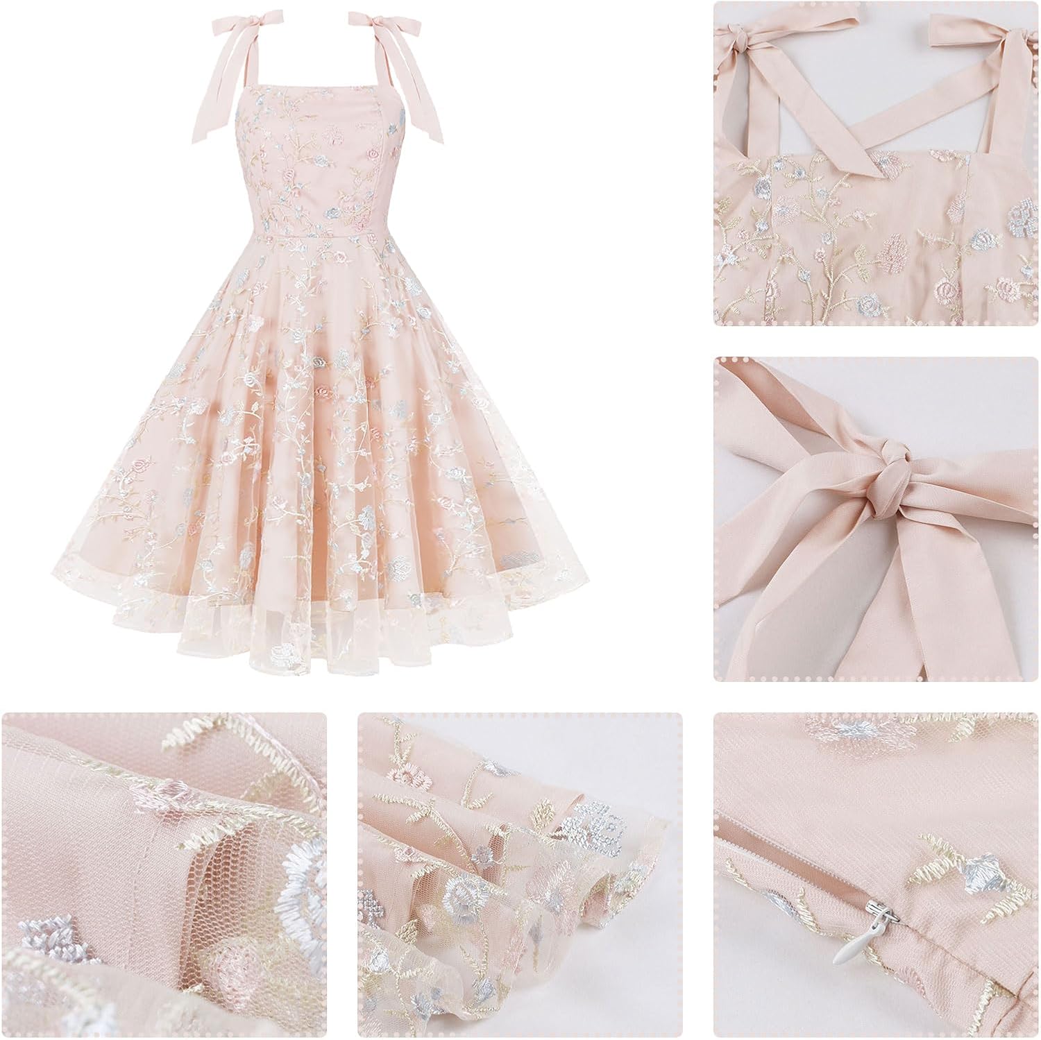 ODIZLI Women's 1950s Retro Vintage Dress Sleeveless Spaghetti Strap Embroidered Floral Dress - Image 3