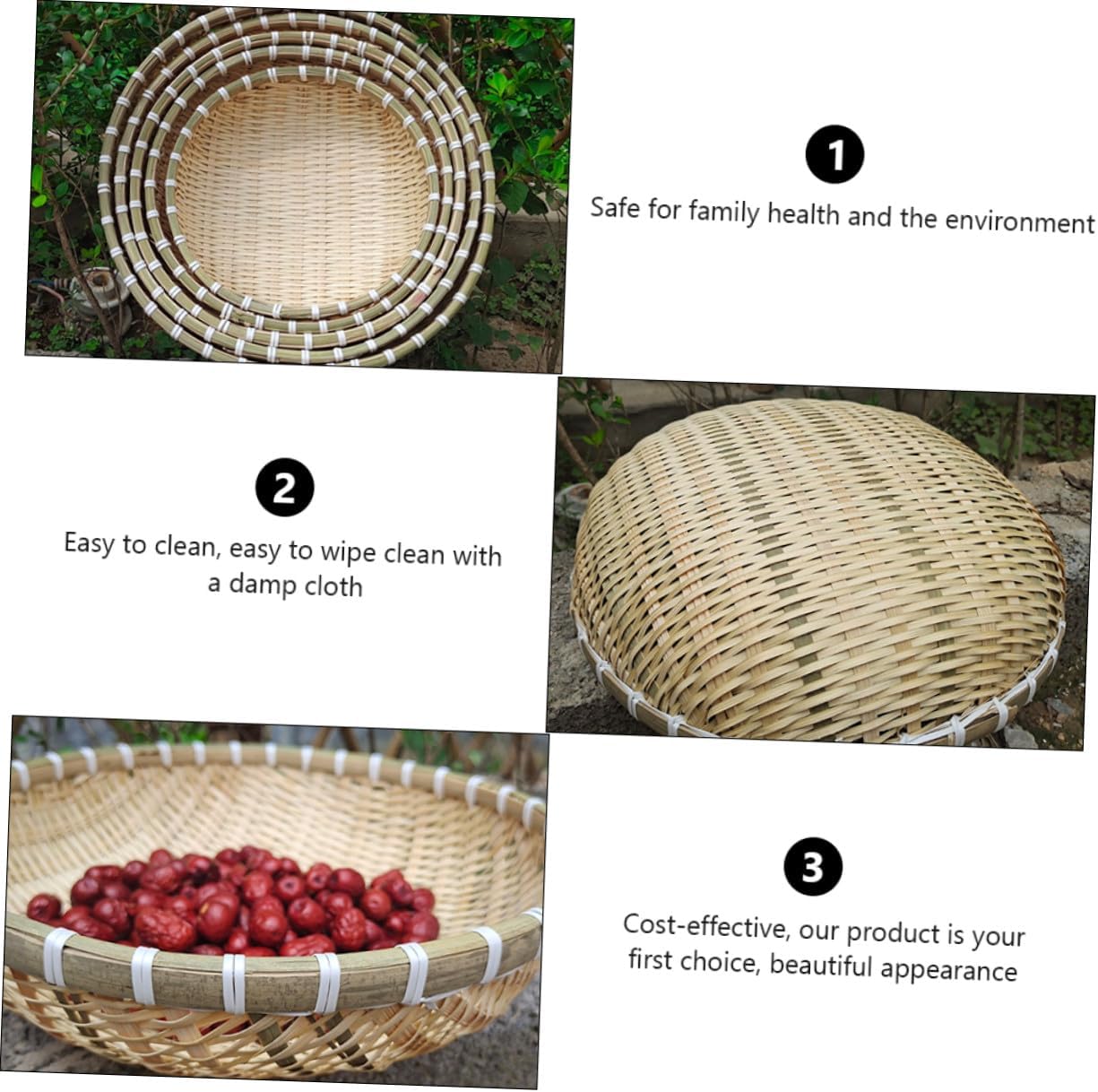 Bread Basket and Fruit Storage Container Set, Handwoven Kitchen Organizer with Drainage Design, Natural Material, 5pcs Basket Set for Food Serving and Drying