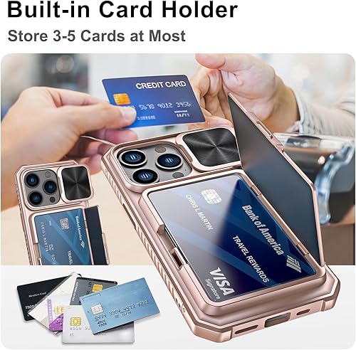 Miniatura 2 de Funda tipo cartera para iPhone 15 Pro con tarjetero (4-5 tarjetas) y cubierta deslizante para lente y soporte, protección contra caídas de grado