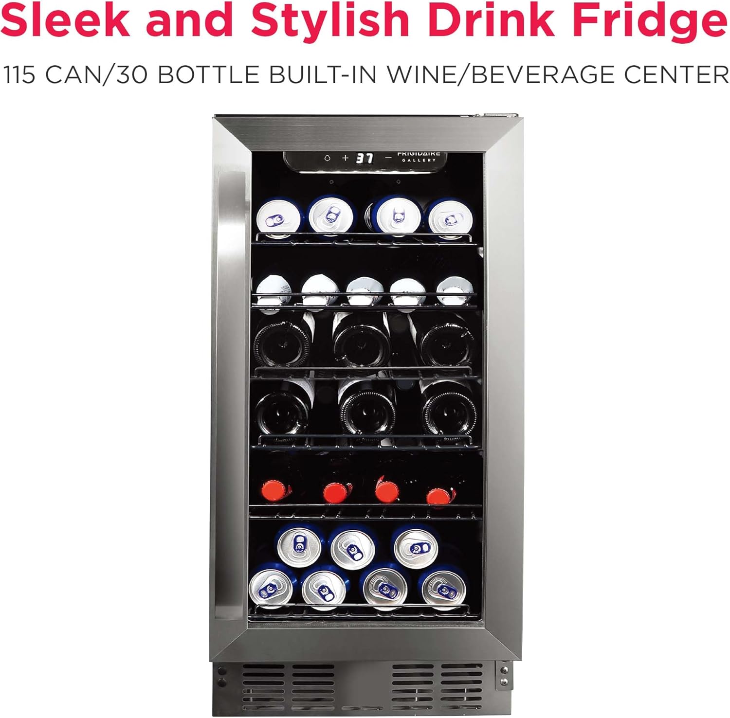 Frigidaire Gallery, 22.5" Wide Beverage Cooler, 30-Bottles Stainless Steel, with Lock, Tempered Glass Door, Frost Free, Glass Door, Stainless Steel, Built-in