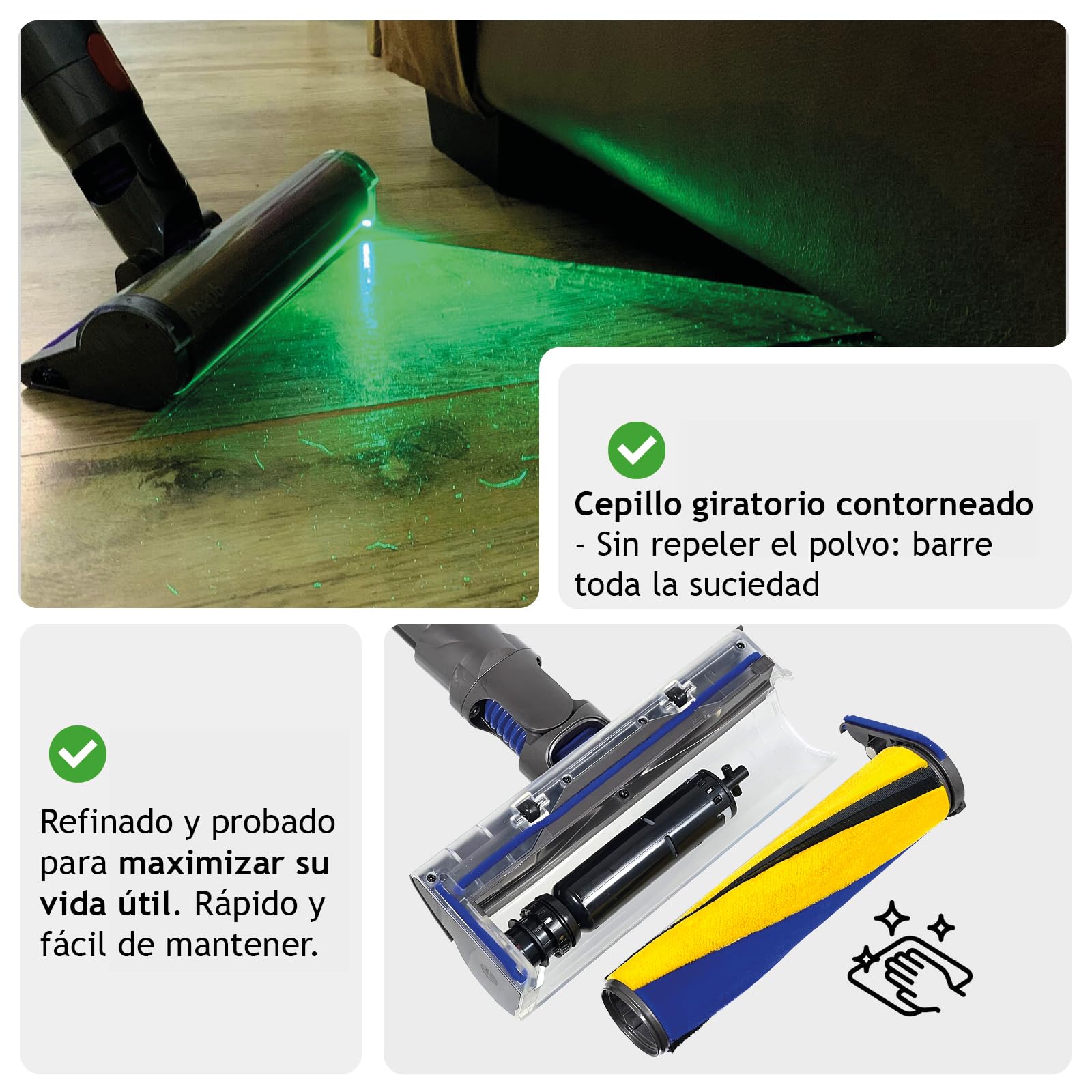 SPARES2GO Cepillo láser para Suelos para Dyson V11, SV16, V15 y SV22 Outsize Absolute Detect aspiradoras