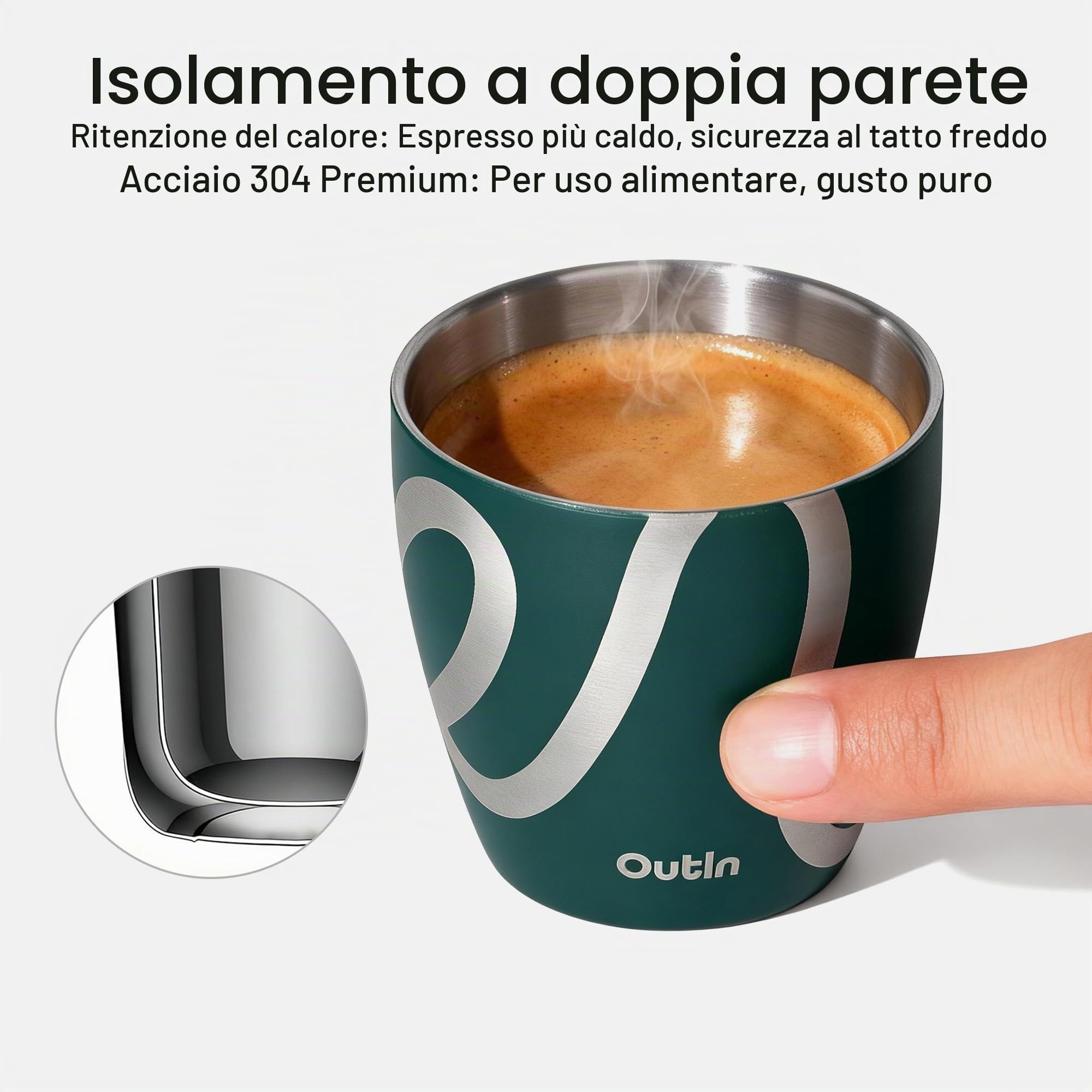 OutIn Set di 2 Tazze da Espresso, Doppia Parete Isolante 75ml in Acciaio Inossidabile, Bicchierini da Shot Portatili per Campeggio, Compatibili con le Macchine da Caffè OutIn