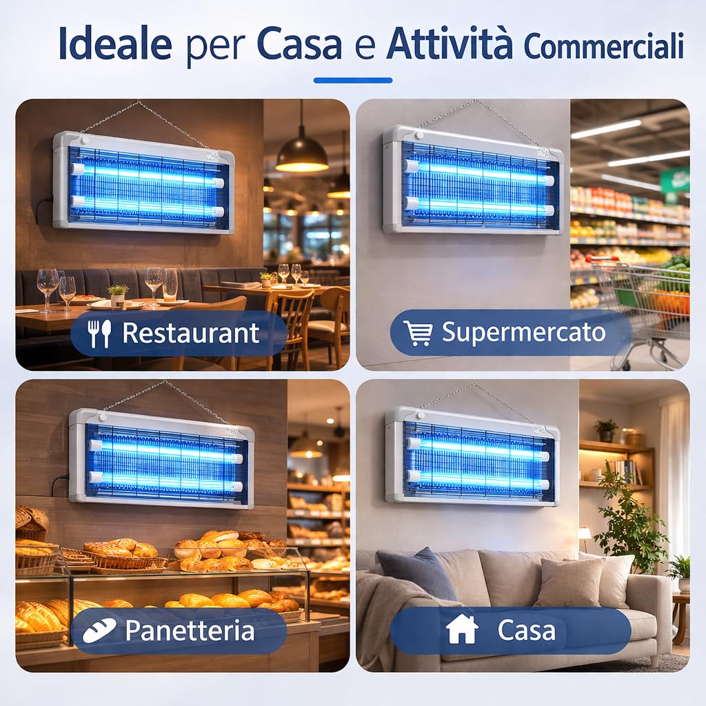 Lampada Antizanzare Elettrica 40W LED UV – Ammazza Zanzare e Antimosche con Griglia Elettrica e Vassoio Estraibile, Struttura in Alluminio con Catena per Soffitto, per Casa, Terrazza e Giardino
