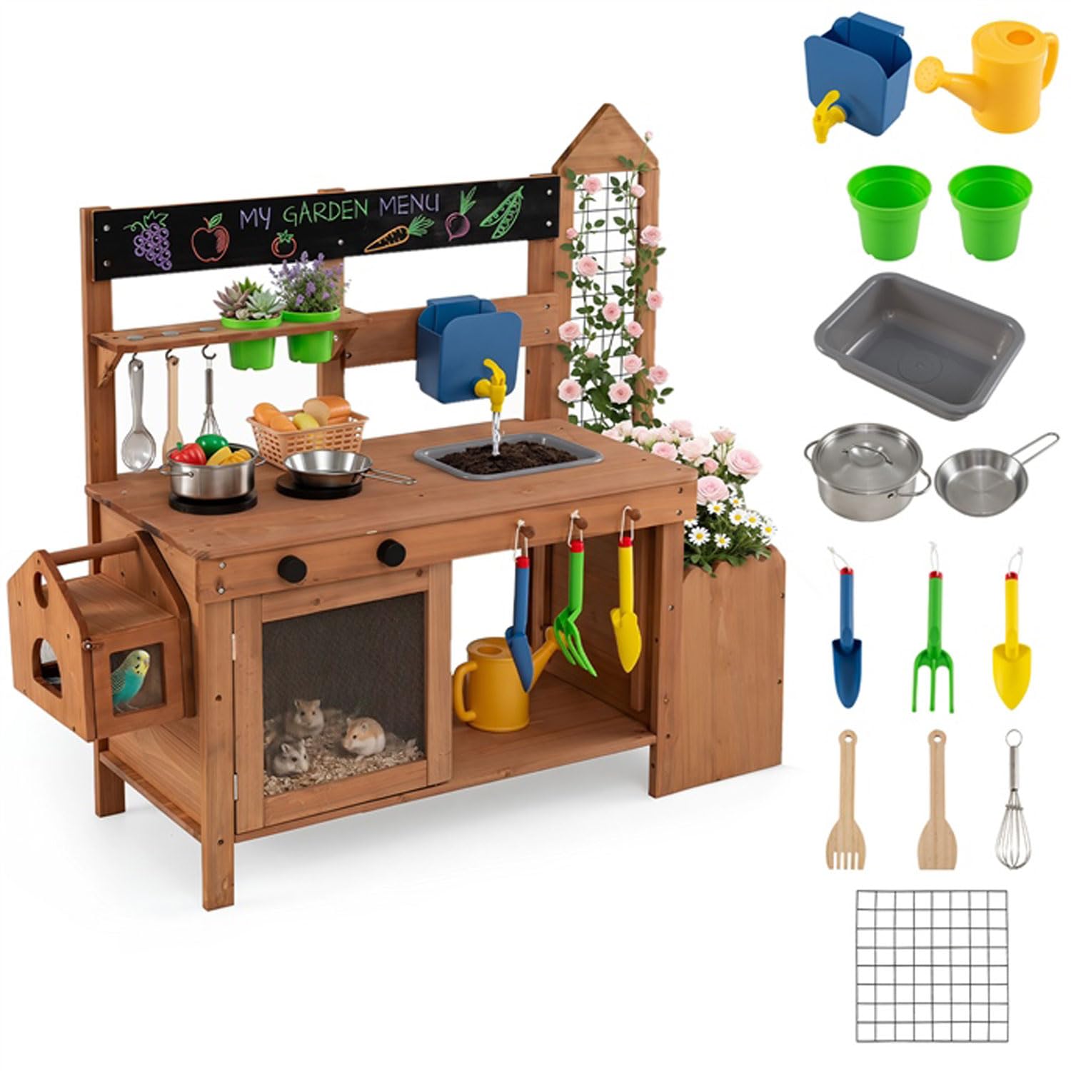 DREAMADE Matschküche Kinder Outdoor, Kinderküche aus Holz | Spielküche mit abnehmbarem Vogelkäfig, Pflanzkasten, Spalier, Spülbecken, Herden und 14 Zubehörteilen für ab 3 Jahren