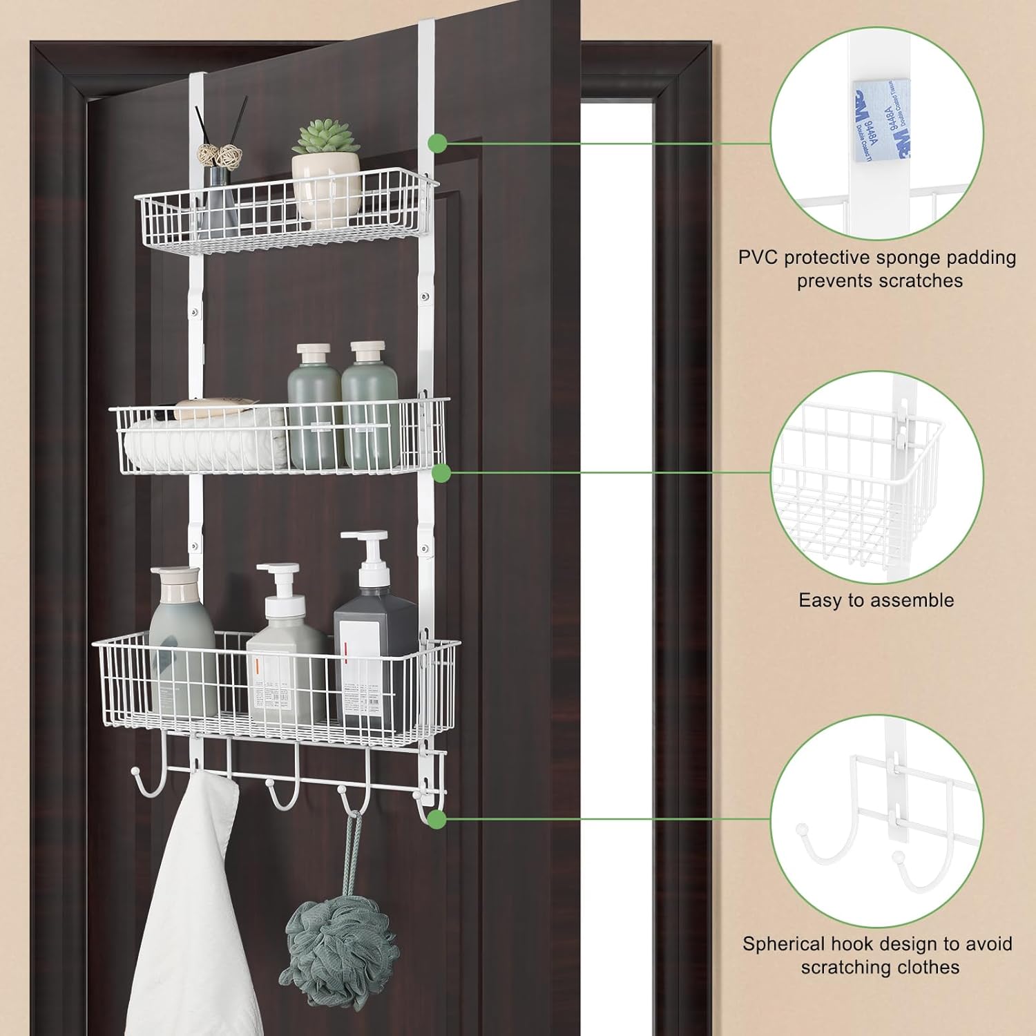 ETELI Over The Door Basket Organizer with 3 Mesh Baskets and 5 Hooks Heavy Duty Pantry Door Organizer Back of Door Storage Rack for Bathroom, Kitchen, Office, White