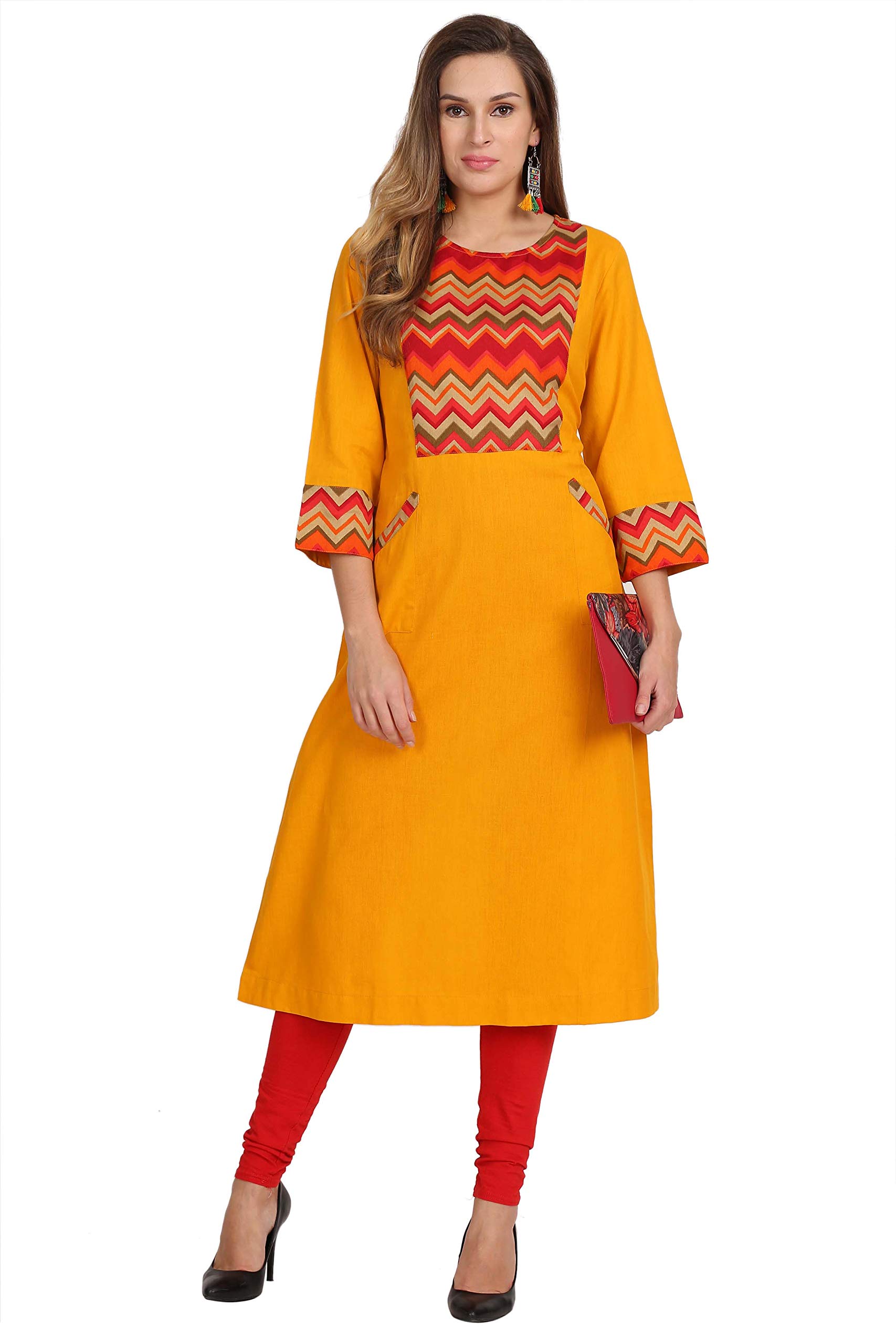 Jivitha Latest Stylish Women Elegance Kurta with Vivid Silhouettes/Office wear/RegularSet -01 Solid Kurta/Cotton Flax Yellow and red for Colleger