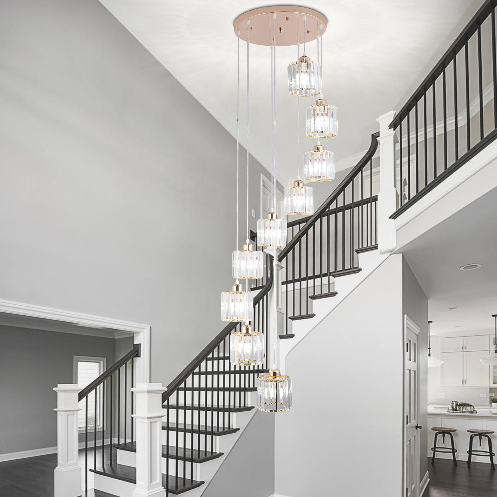 Hohe Decken Lange Kronleuchter Moderne Kristall-Pendelleuchte Raindrop Drop Lampe Hängende Kronleuchter Deckeneinbauleuchten für Treppenhaus, Foyer, Eingangsbereich Gold 9 Leuchten