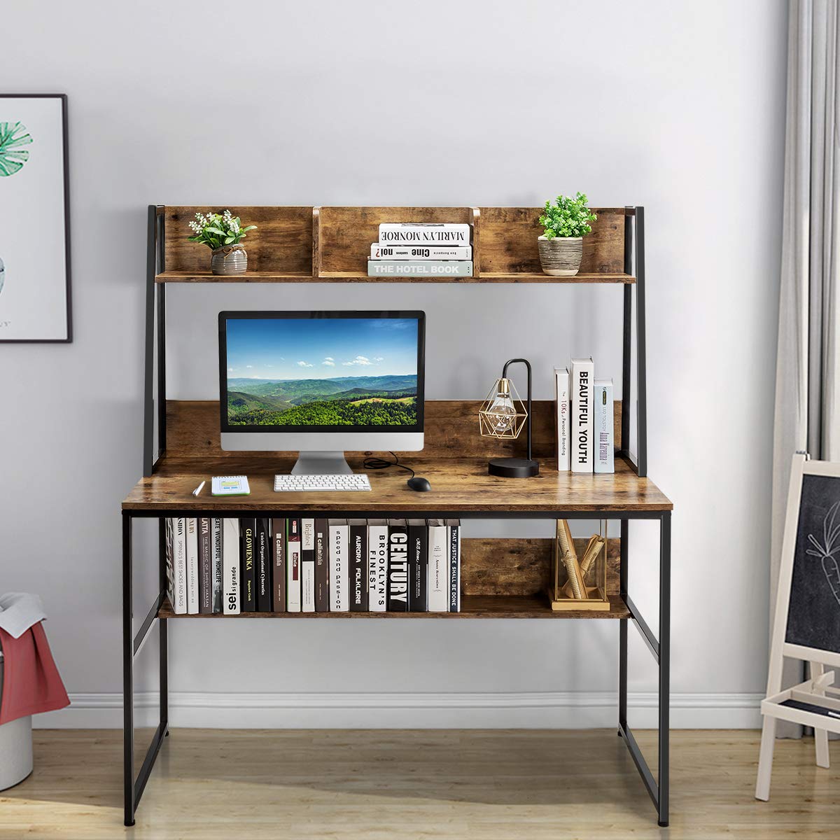 Giantex Escritorio para Ordenador, Mesa de Trabajo con Estantería y 3 Compartimentos, Superficie Amplia y Patas Ajustables, Ahorra Espacio, para Oficina, Estudio y Casa, 120 x 57 x 140 cm (Café)