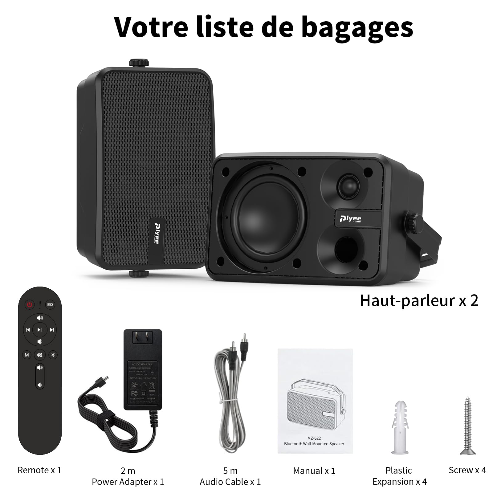 Enceinte Bluetooth Extérieur, Enceinte Murale Active + Passive, Prise en Charge Bluetooth et Entrée Aux, Amplificateur Intégré, Adaptée pour Terrasse, Véranda, Garage, Pack de 2 (MZ-622)