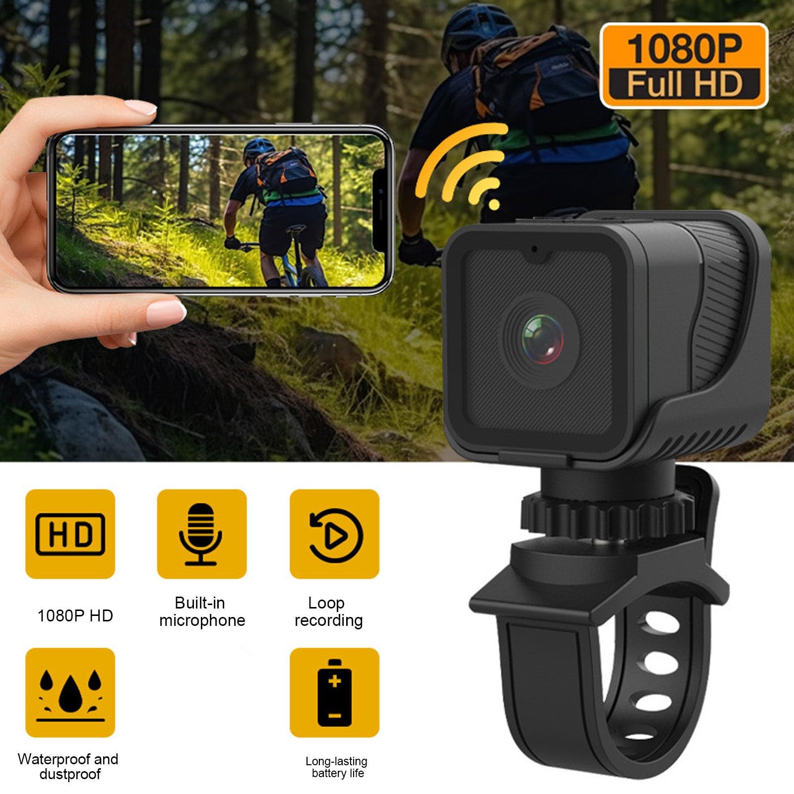 Zestaw do Montażu Kamery na Kierownicy Roweru, Mini Sportowa Kamera Wideo 1080P, Wodoodporna Kamera Rowerowa o Kącie 120°, WiFi, Aplikacja na Telefon, do Kasku Rowerowego na