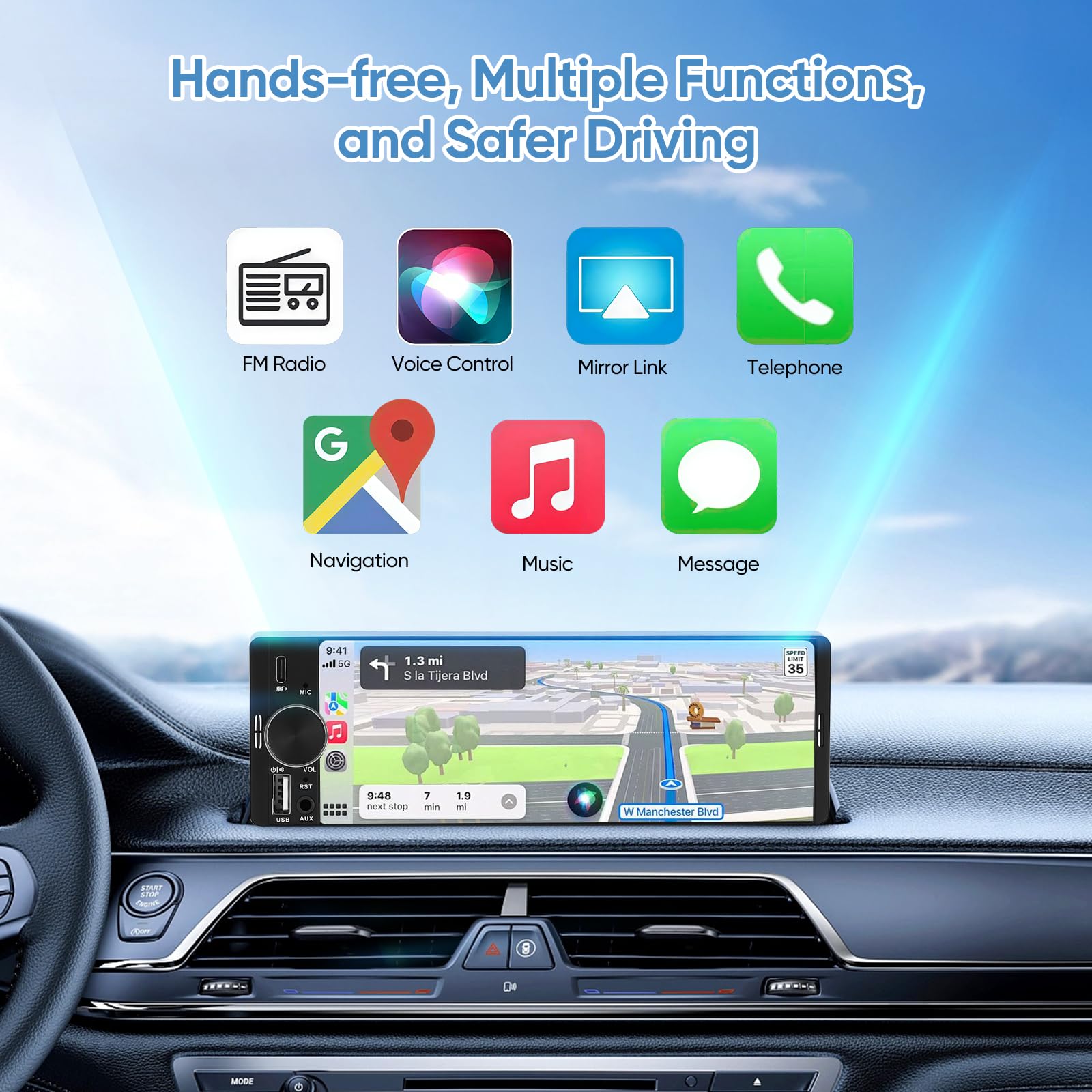 6.3" Single DIN Touchscreen Car Radio with Wireless CarPlay & Android Auto, Backup Camera, Mirror Link, Hands-Free Calling, FM Radio, Steering Wheel Control & Voice Command — view 4