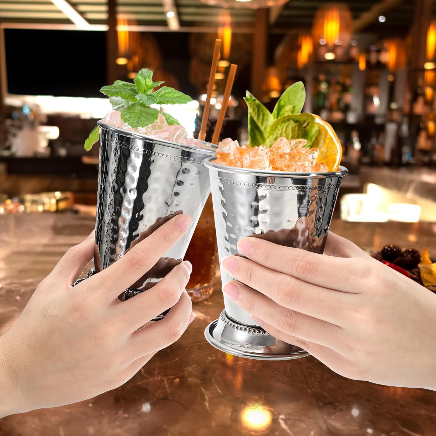 Peohud Set of 2 Mint Julep Cups, 12 Oz Hammered Stainless Steel Drinking Glasses with Straws, Silver Metal Cocktail Glasses for Party Bar Home Restaurant Beer Juice Beverage - Image 8