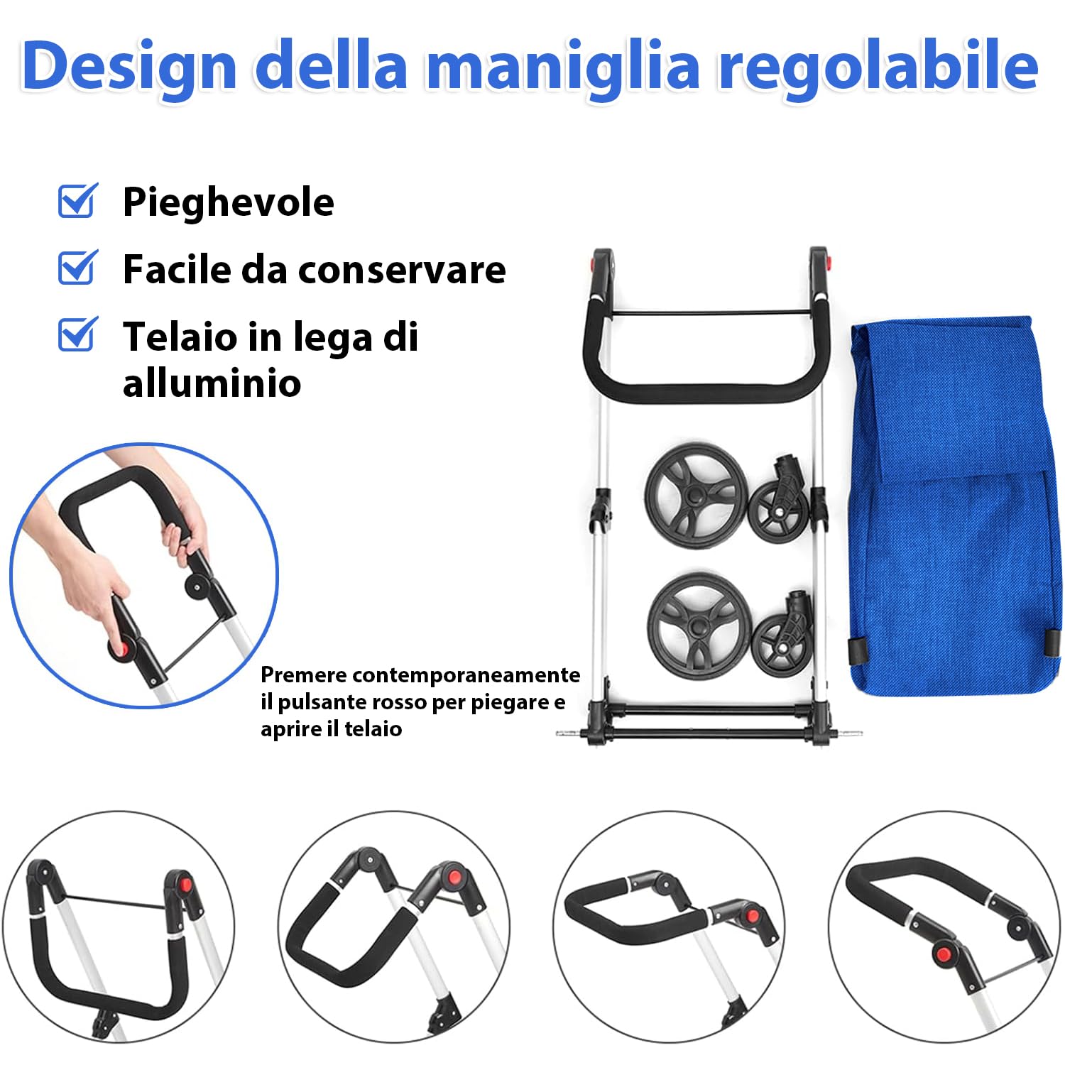 Carrello della Spesa, 8L e Tasca Posteriore, con 4 Ruote, e una grande Capacità di 25 kg Carrello Portaspesa, 46L Trolley Spesa on Wheels (Azzurro)