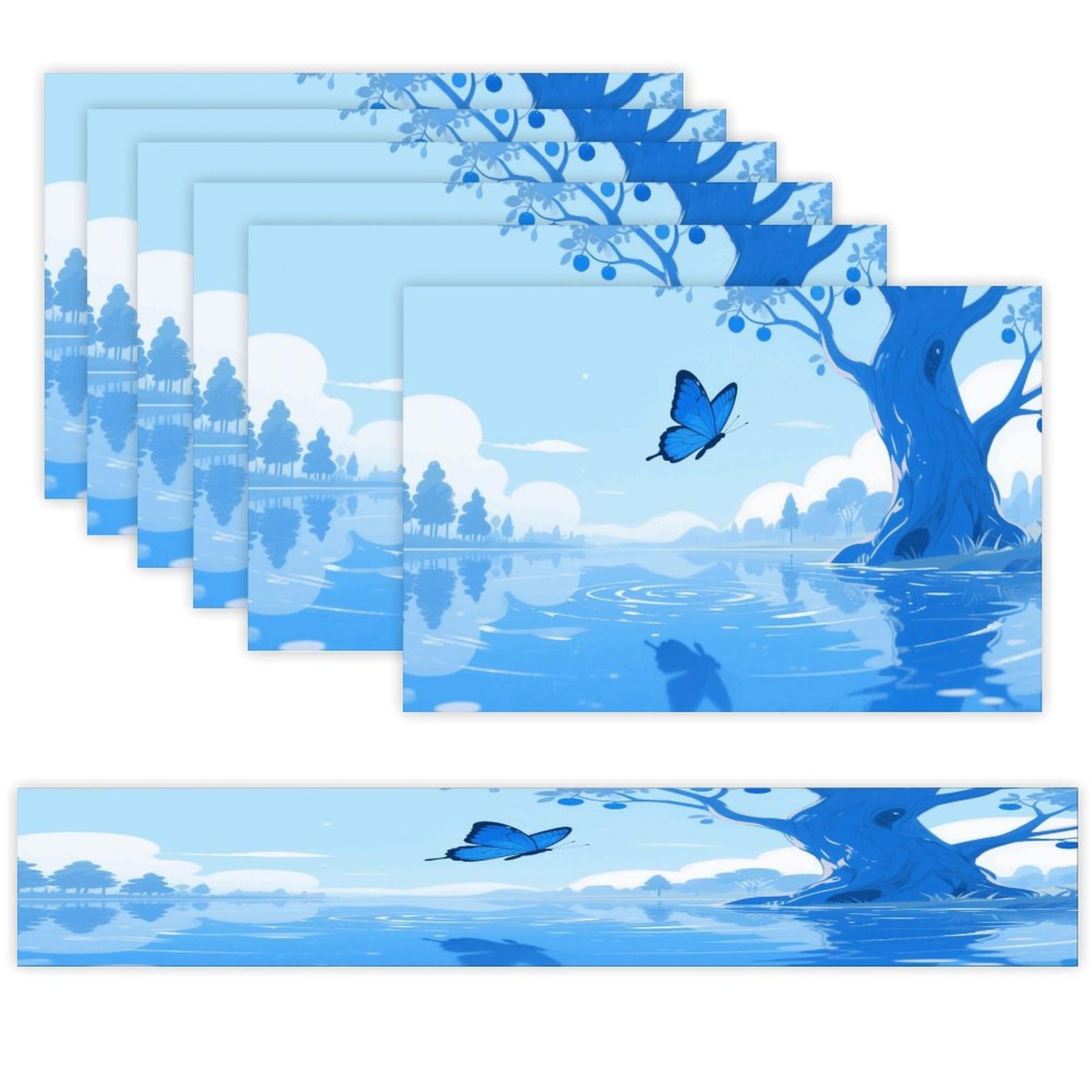 Blue Butterfly Table Runner and Placemats Set of 7 Linen Table Mat Non-Slip Place Mats Washable Placemat Heat Resistant Place Mat with Table Runner for Party Dining Decor