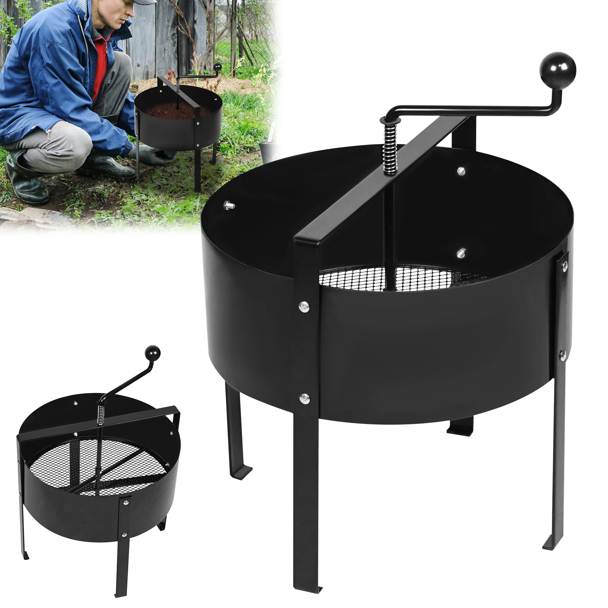 XMTECH Gartensieb Manuell Drehbarer Bodensieb Kompostsieb Sandsieb Kompost Schmutz-Kompost-Sieb Garten Sieb Erdsieb Handkurbelsieb Siebmaschine mit Netz-Siebpfanne und Griff, Schwarz