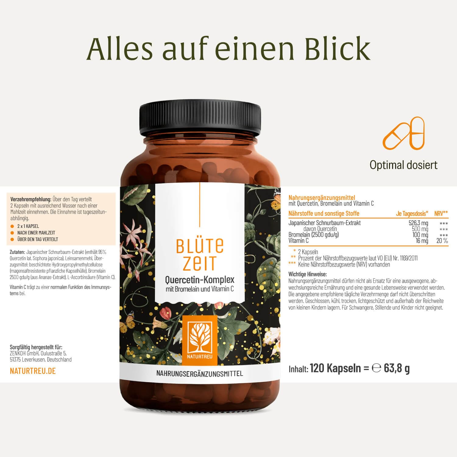 Quercetin Bromelain Komplex 120 Kapseln Vegan - 500mg Quercetin hochdosiert, 100mg Bromelain und 16mg Vitamin C pro Tagesdosis - Blütezeit von Naturtreu