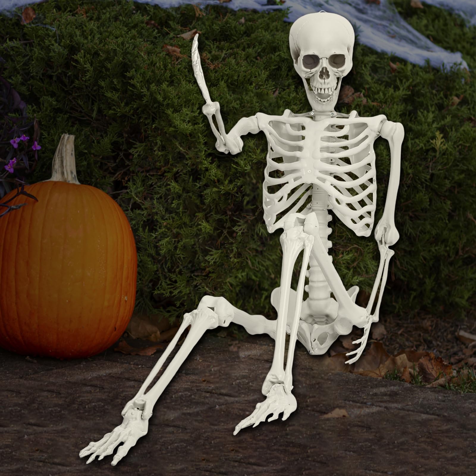 170cm Skeleton Halloween Decorations, 5.4F Realistic Full Body Movable Posable Joints Skeleton, Creepy Halloween Plastic Skeleton for Graveyard Decorations, Haunted House Props Indoor/Outdoor Decor B