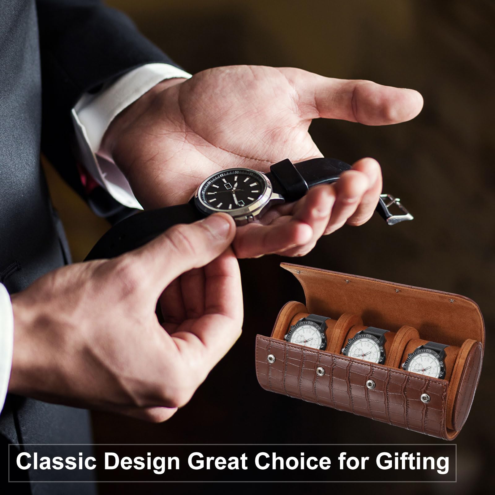 Étui de voyage à roulettes pour montres, étui portable en cuir à un compartiment pour montres, pour hommes et femmes, organisateur de rangement avec coussin amovible, idéal pour les voyages et la pr