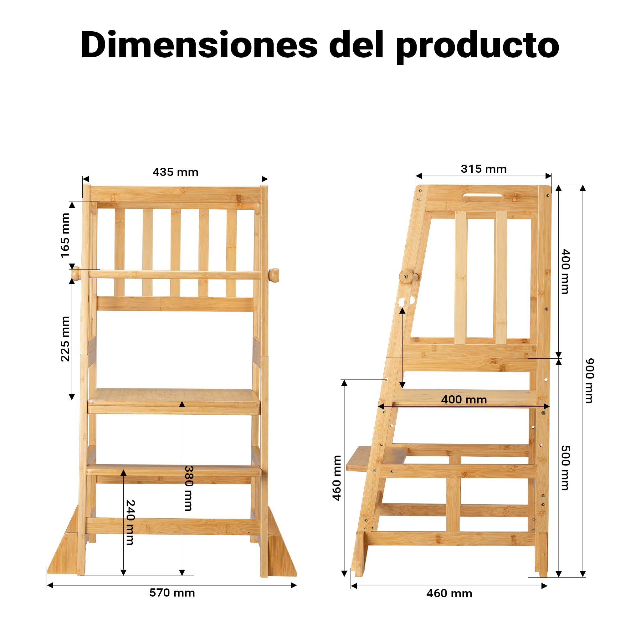 Wiltec Silla Infantil Torre de Aprendizaje 57 x 46 x 90 cm de bambú, Taburete de Aprendizaje para niños con barandilla, Torre de pie con Barra de protección