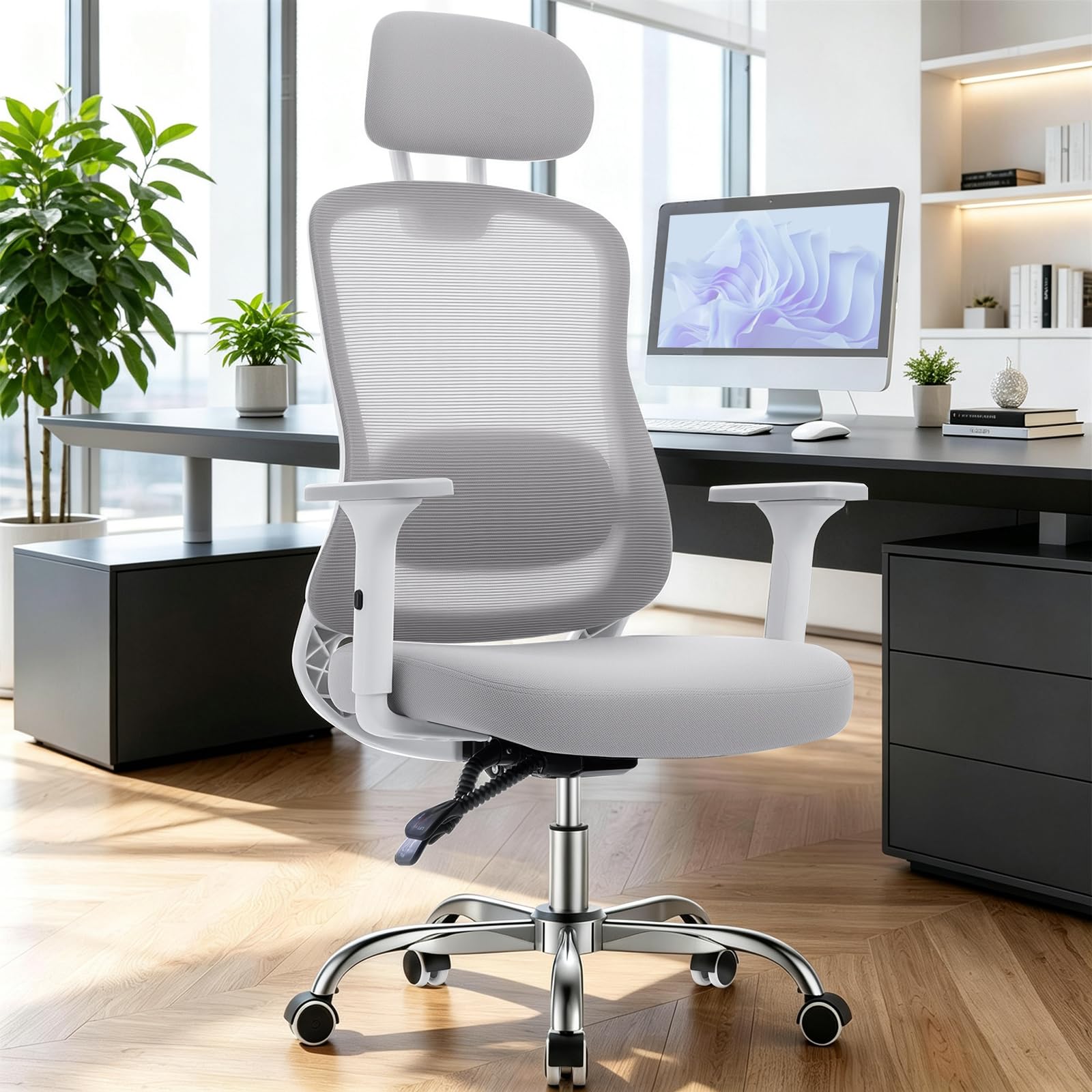 rattantree 150kg Silla Oficina Ergonómica Malla reposabrazos 3D | Respaldo reclinable con cabecero, altura regulable, ruedas silenciosas, apta teletrabajo y gaming, montaje sencillo, gris