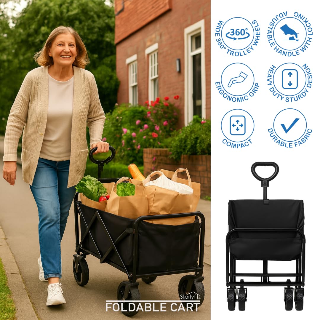 STARLYF Carrello Pieghevole Multiuso ad Alta Resistenza (Fino a 100 kg) – Carretto da Giardino con Ruote a 360° e Manico Telescopico – Design Compatto per Campeggio, Spiaggia e Spesa