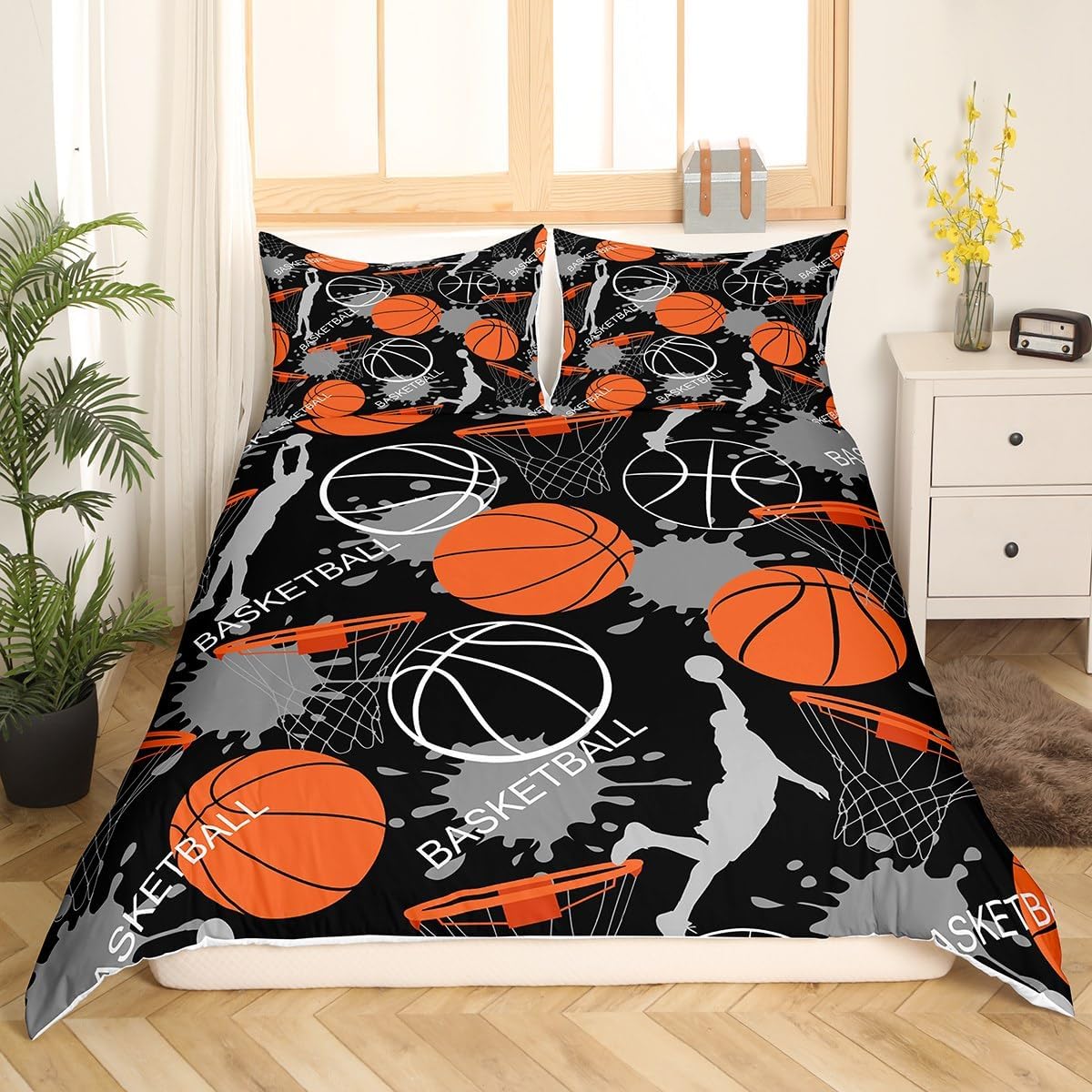 Castle Fairy Basketball Graffiti Bedding Set,Hip Hop Style Duvet Cover for Kids Teen,Sports Gaming Comforter Cover Decorative Room,Tie-dye Hippie Quilt Cover with 2 Pillowcases,King Size(No Comforter) image 4