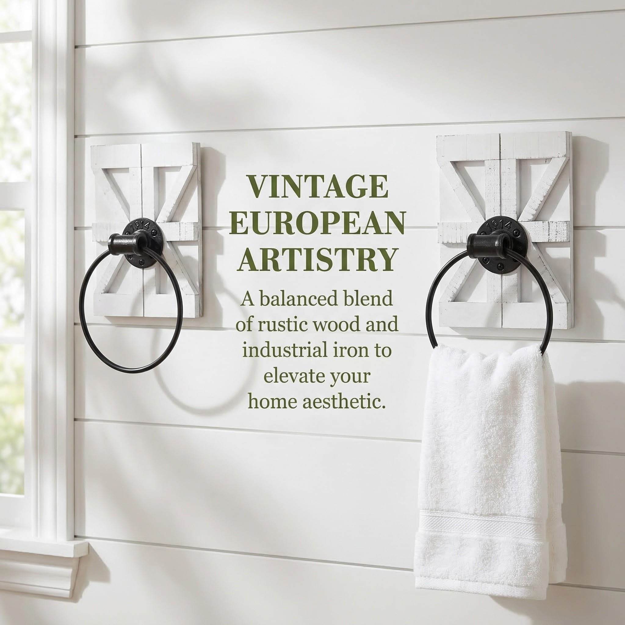 OSALADI Toallero de Pared Rústico de Hierro y Madera Blanco 2 Piezas para Baño y Cocina Diseño Vintage y Ahorro de Espacio