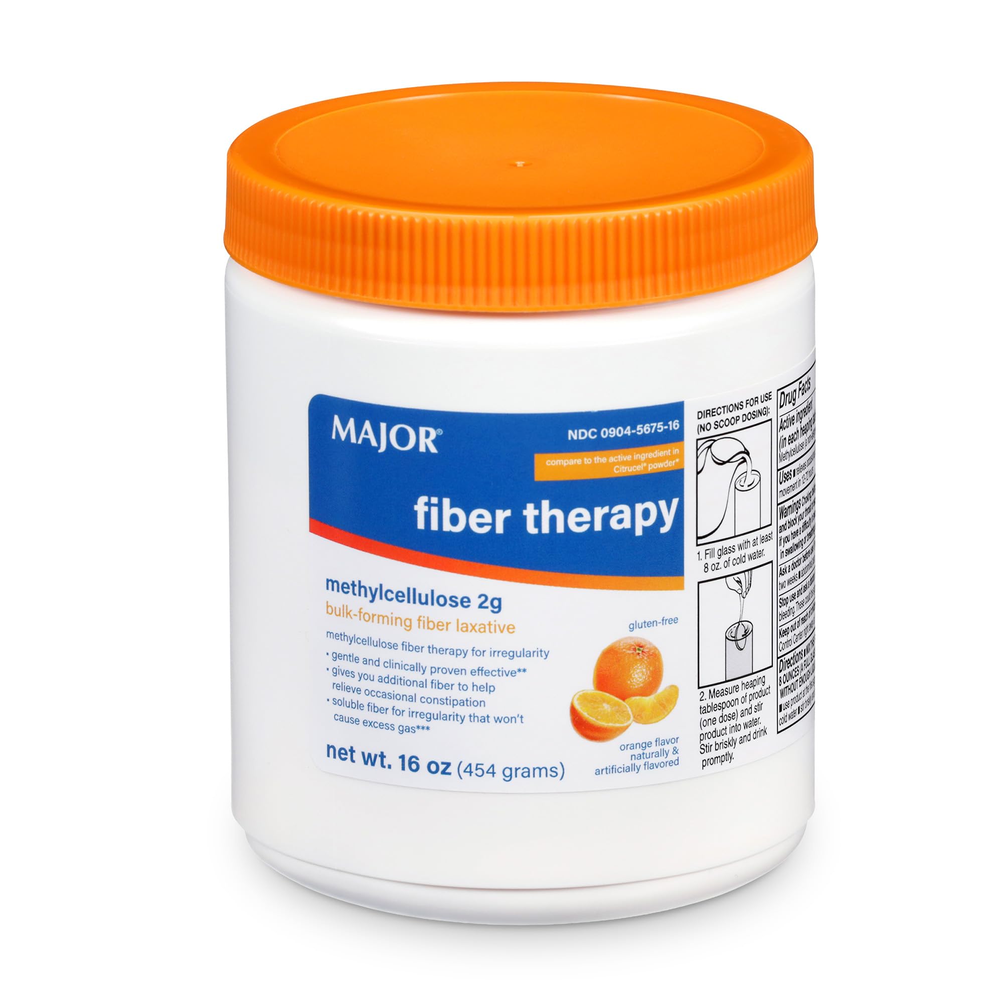 Major Fiber Therapy Easy to Mix Non-Gritty Texture Orange Flavor Methylcellulose 100% Soluble Fiber for Controlled Regularity - 16 Oz