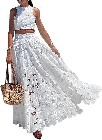 2 Piece Skirt Sets for Women Floral Lace Hollow Out Sleeveless Crop Tank Top and Maxi Skirt Set Vacation