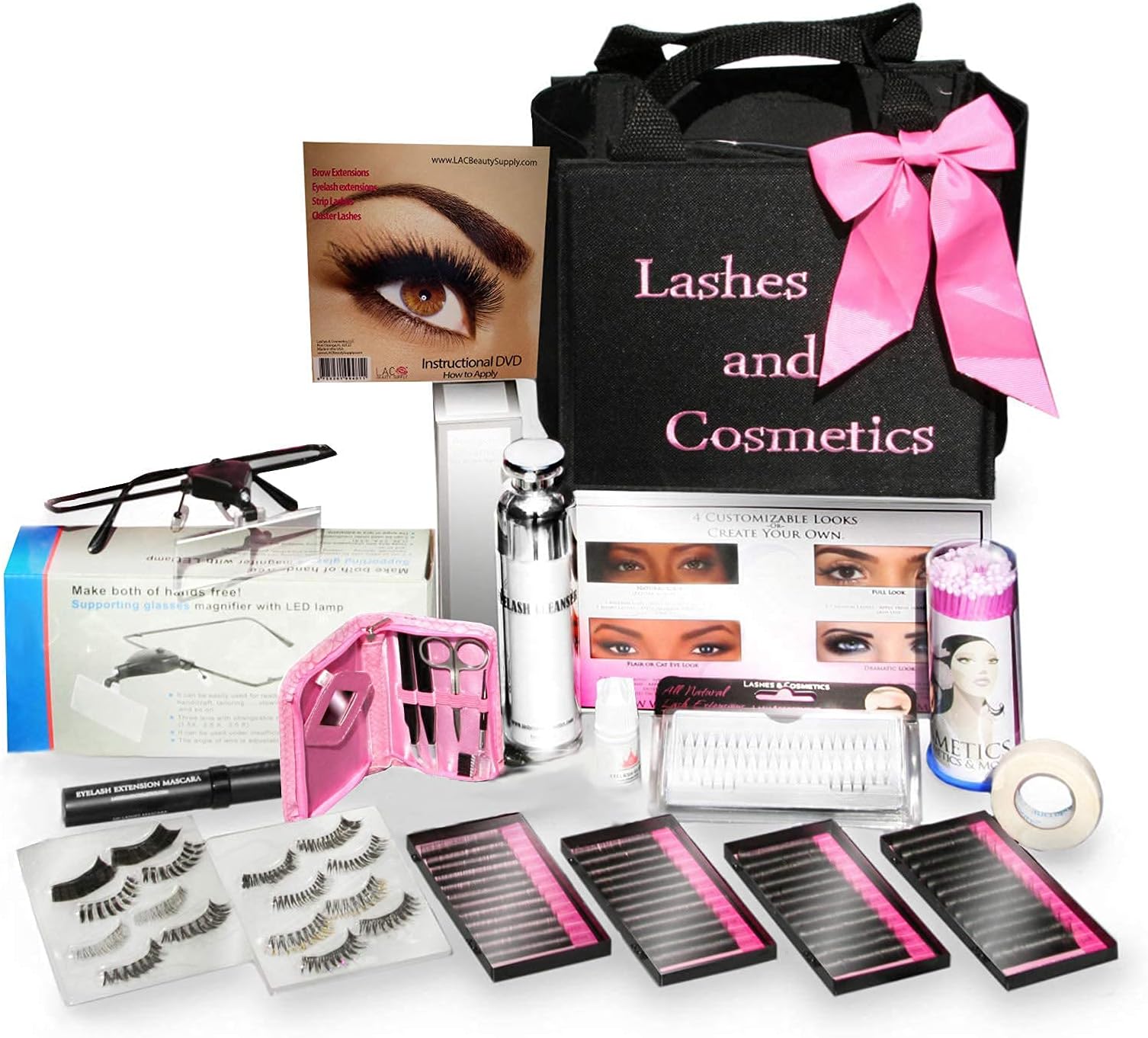 Eyelash Extension Kit | No Burn Glue Non Irritant | Made in USA | Over 300 Applications with Lashes Single, Cluster, Strip, Designer. Professional Use Grade