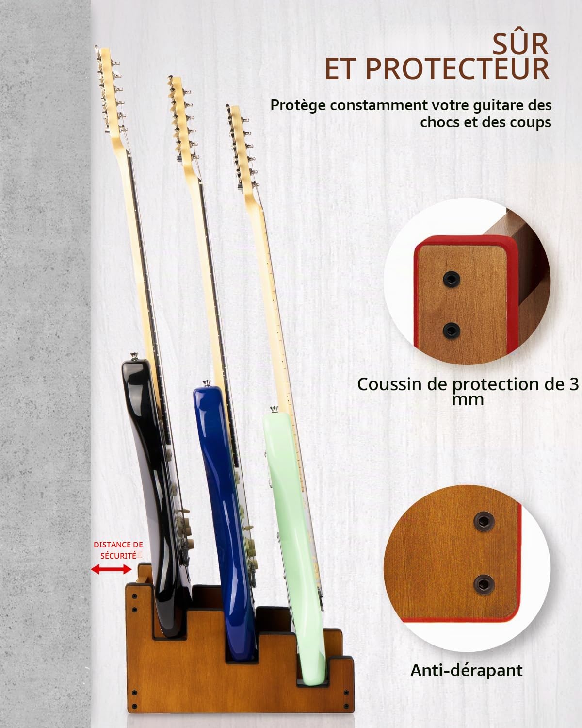 STRICH Support De Guitare En Bois Pour Plusieurs Guitares, Couleur Acajou, L-3EM (Pour 3 Guitares Électriques/Basses)