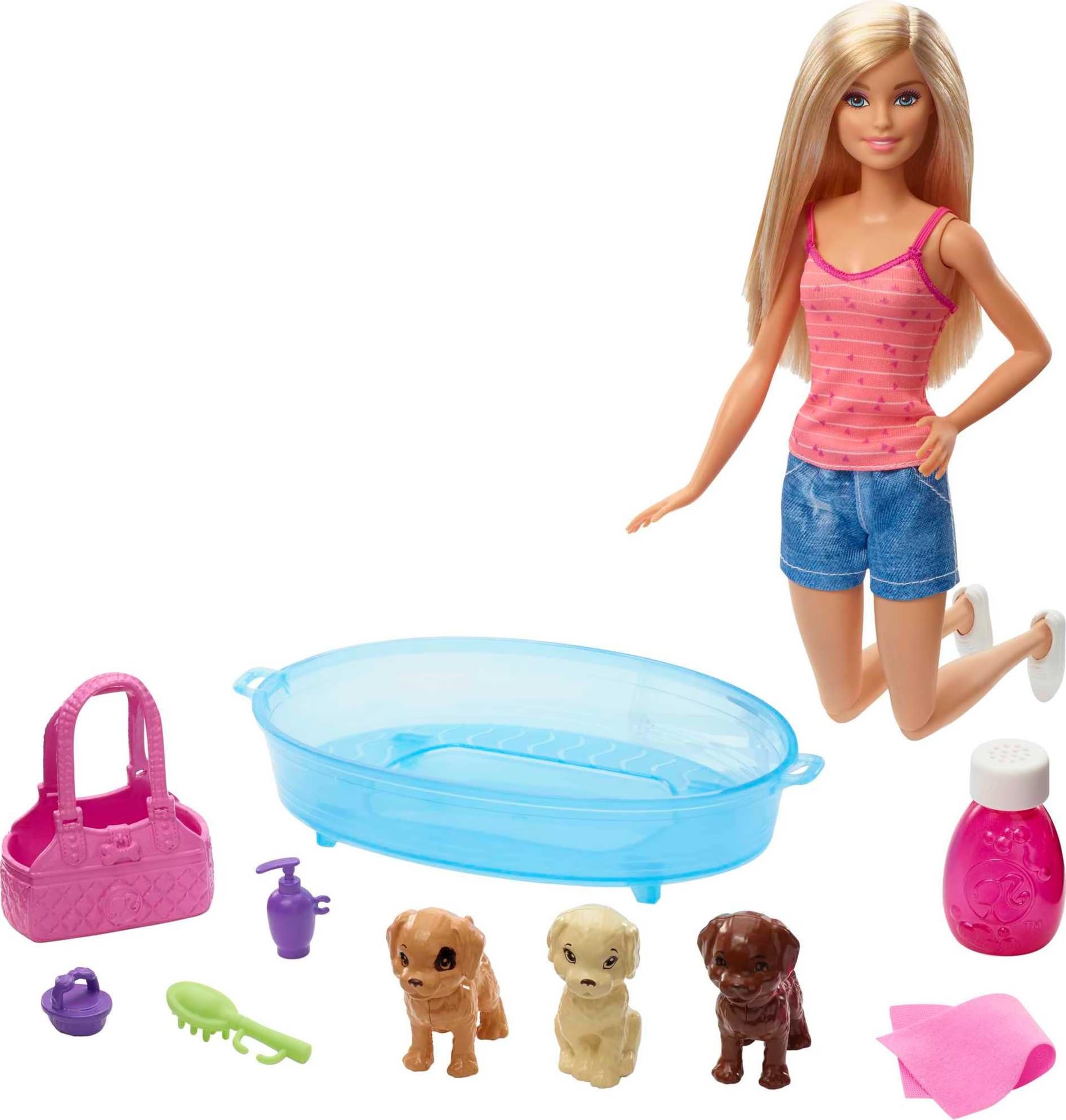 Barbie Bebek ve Aksesuarları - 3 Yavru Köpekli Oyun Seti, Hayvancıklar İçin Küvet ve Aksesuarlar GDJ37