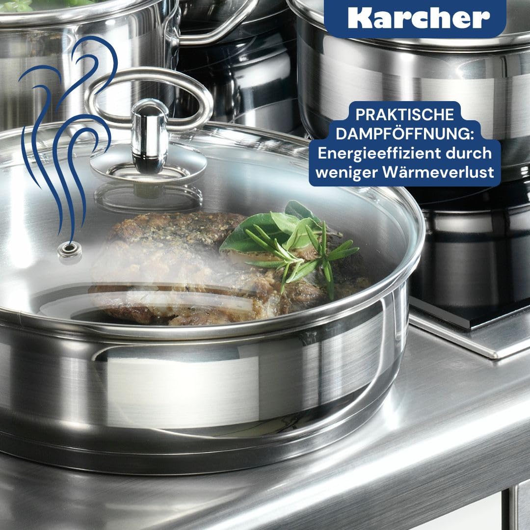 Karcher Topfset Jasmin 20-teilig | Edelstahl Kochtopf Set Induktion inkl. Glasdeckel | Töpfe & Pfanne spülmaschinenfest & backofenfest | Kochgeschirr für alle Herdarten mit Edelstahlschüsseln
