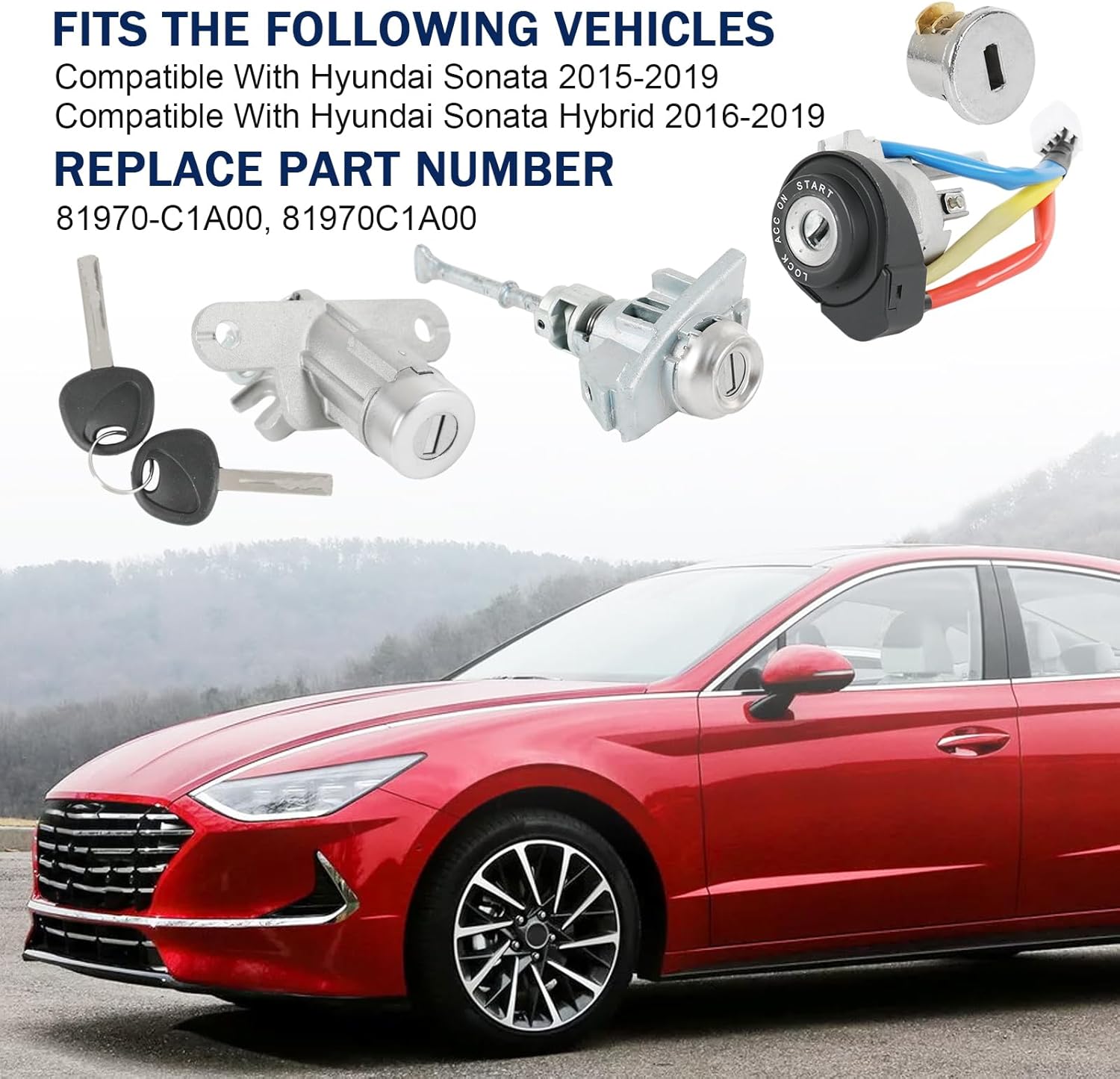 Full Lock Cylinder Set Key Ignition Start Barrel Compatible with Hyundai Sonata 2015-2019 Sonata Hybrid 2016-2019 Replace# 81970-C1A00