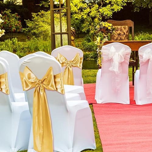 Miniatura 6 de Mepase 100 fundas para sillas blancas gruesas de boda fundas elásticas para sillas de boda decorativas elásticas doradas lazos plegables de seda