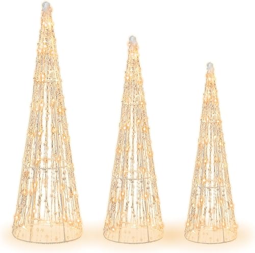 Miniatura 9 de Tangkula Juego de 3 árboles de cono de Navidad iluminados, juego de árbol cónico decorativo de Navidad con cuerdas de estrellas, 90 luces LED