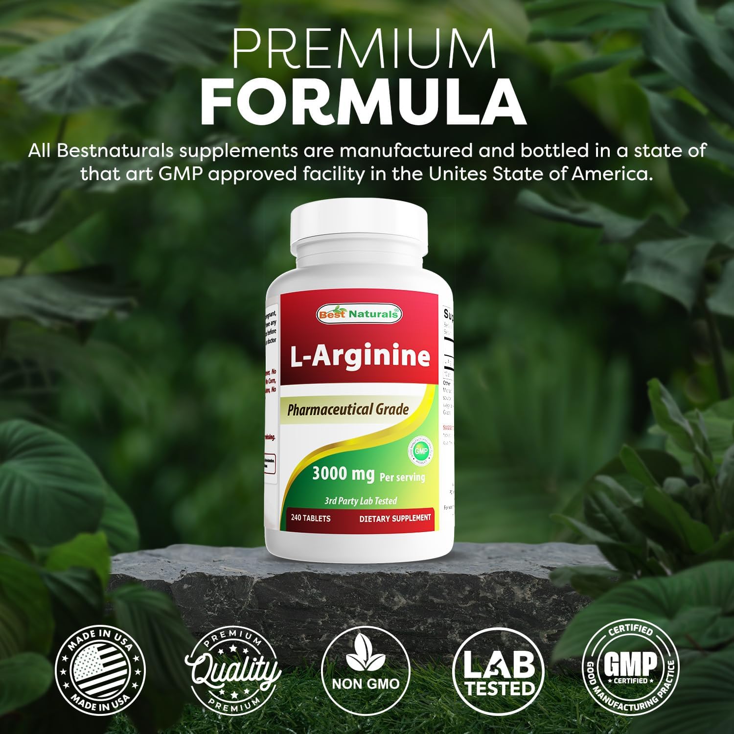 Best Naturals L-Arginine 3000mg Per Serving - 240 Tablets - Pharmaceutical Grade -Gluten Free - Made in the USA — Amazon image 5