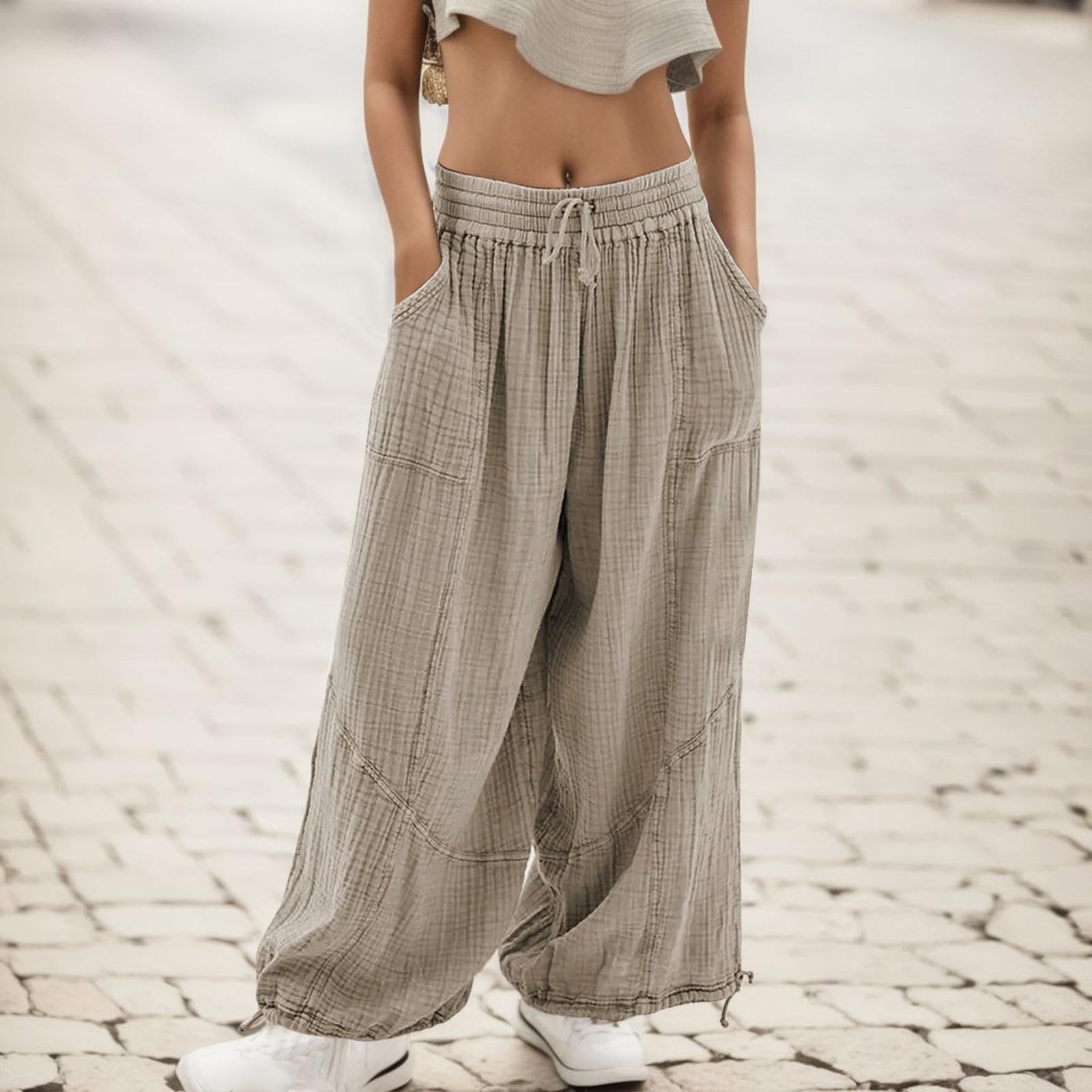 High Waist Wide Leg Pants for Women Lightweight Breathable Palazzo Pants Drawstring Pocket Trendy Casual Utility Pant Grey M