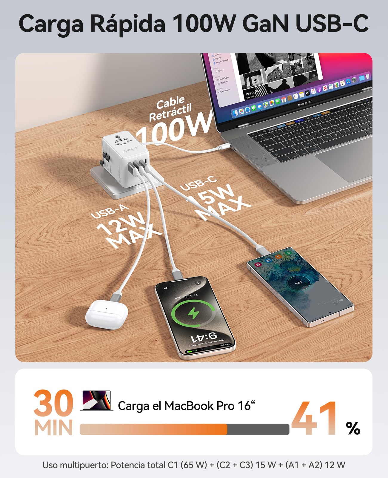 ORICO GAN 100W Adaptador Viaje, Cable Retráctil, 2 Tomas AC + 5 USB, Blanco | Carga rápida para portátiles potentes; compatible en +200 países y regiones; diseño todo en uno; protección seguridad