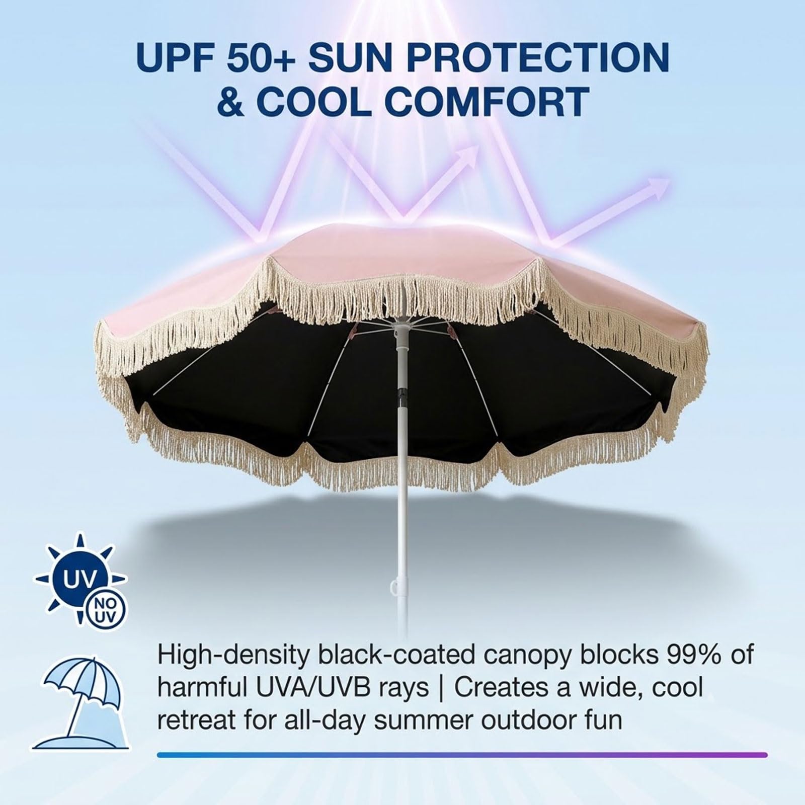 Parasol plażowy 1,5 m z frędzlami, przenośny parasol przeciwsłoneczny na patio, ochrona przed promieniowaniem UV UPF 50+, regulacja wysokości, na podwórko basenowe, lekki parasol zewnętrzny z torbą do