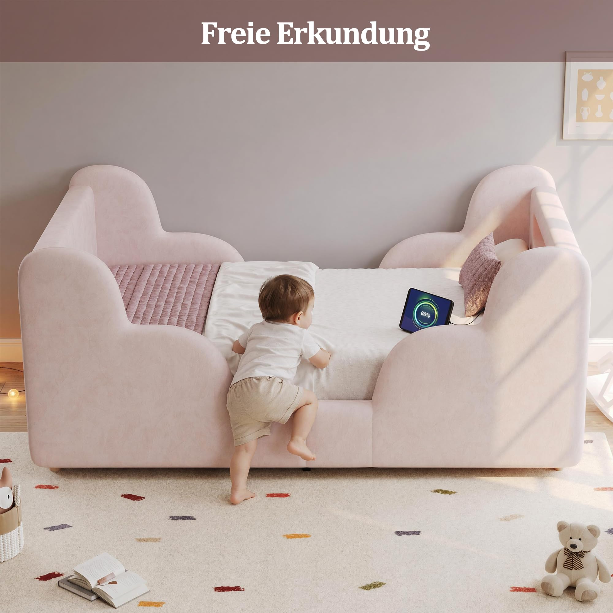Kinderbett Polsterbett 90x200, Einzelbett mit LED Nachtlicht, USB-Ladeanschluss und Ablagefächern, Jugendbett Funktionsbett Bettgestell mit Rausfallschutz und Lattenrost, Samt, Ohne Matratze, Rosa