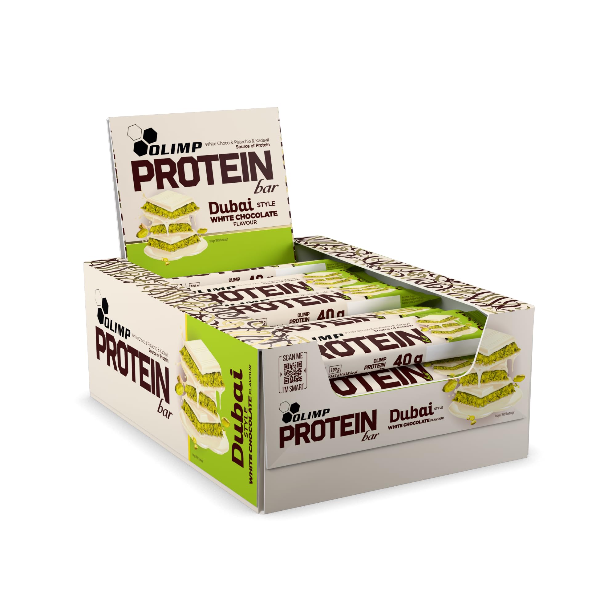 OLIMP Barre Proteinée Chocolat blanc de Dubaï & Pistache – Pack 25 x 40 g – Snack Protéiné Gourmand (chocolat blanc et pistache)