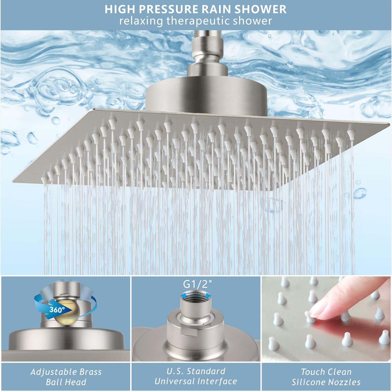 Alcachofa de ducha de lluvia de alta presión con filtro – 10 pulgadas de metal cuadrado para eliminar el cloro y sustancias nocivas, níquel cepillado