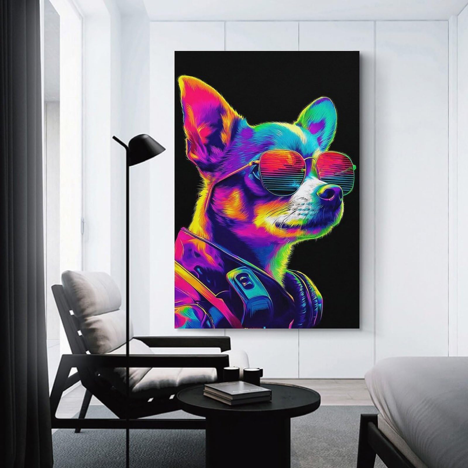 Junmoney Vibrant Neon Dog Portrait -2 Canvas Art Print 24x36inch(60x90cm), for Gallery Wall Layouts in Home Or Office, Decorative Artwork with Flexible Styling