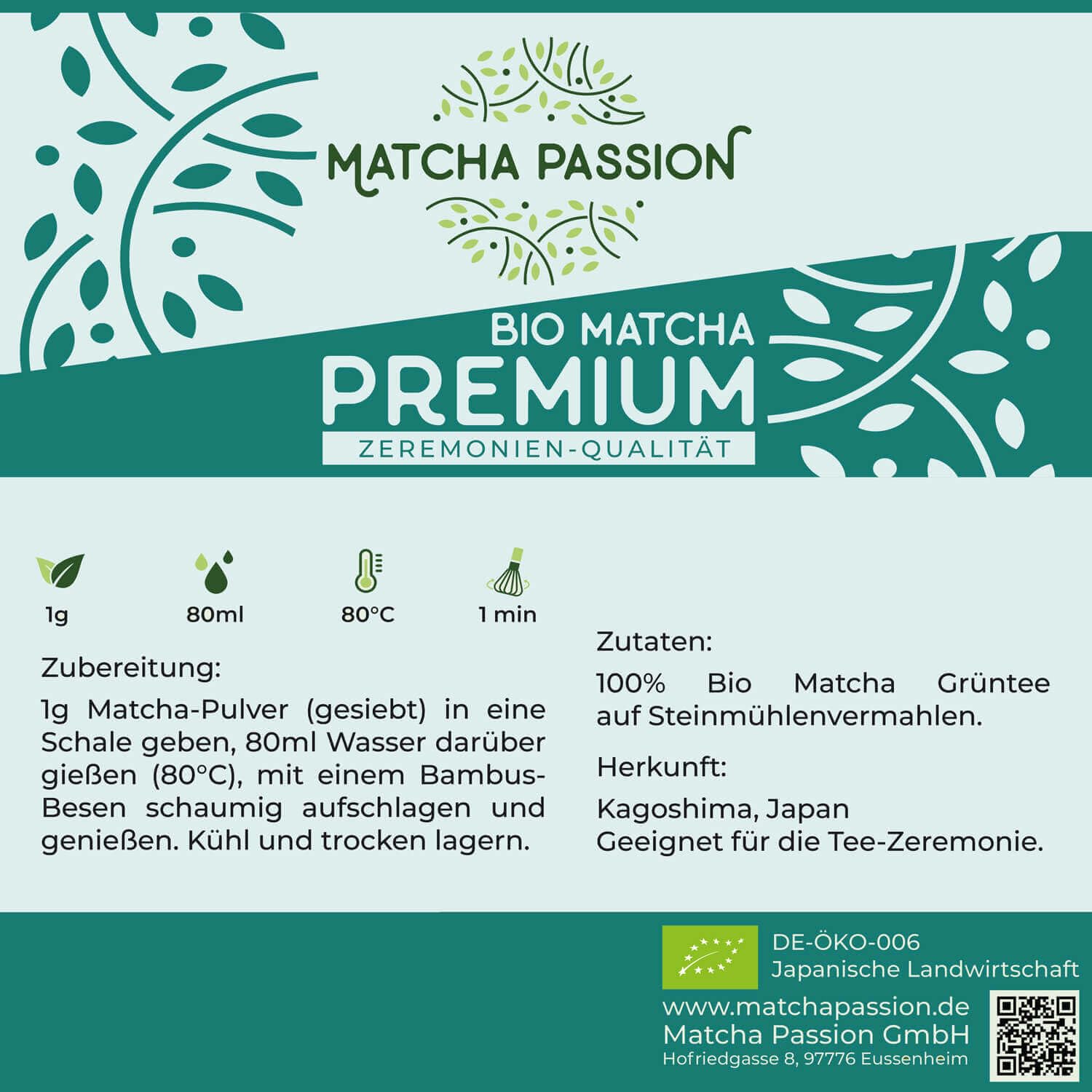 MATCHA PASSION Bio Matcha Premium 30g Pulver mit Bambusbesen & Bambuslöffel - Zeremonie Qualität Kagoshima Japan - purer Genuß für Tee-Zeremonie Vegan Superfood