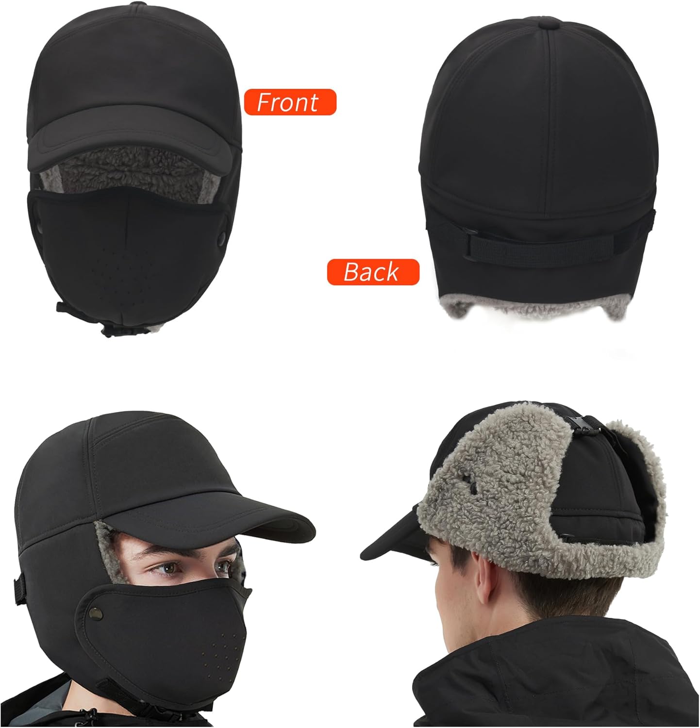 Trapper Hat for Men Women Waterproof Winter Warm Baseball Cap with Ear Flaps and Mask - Image 4
