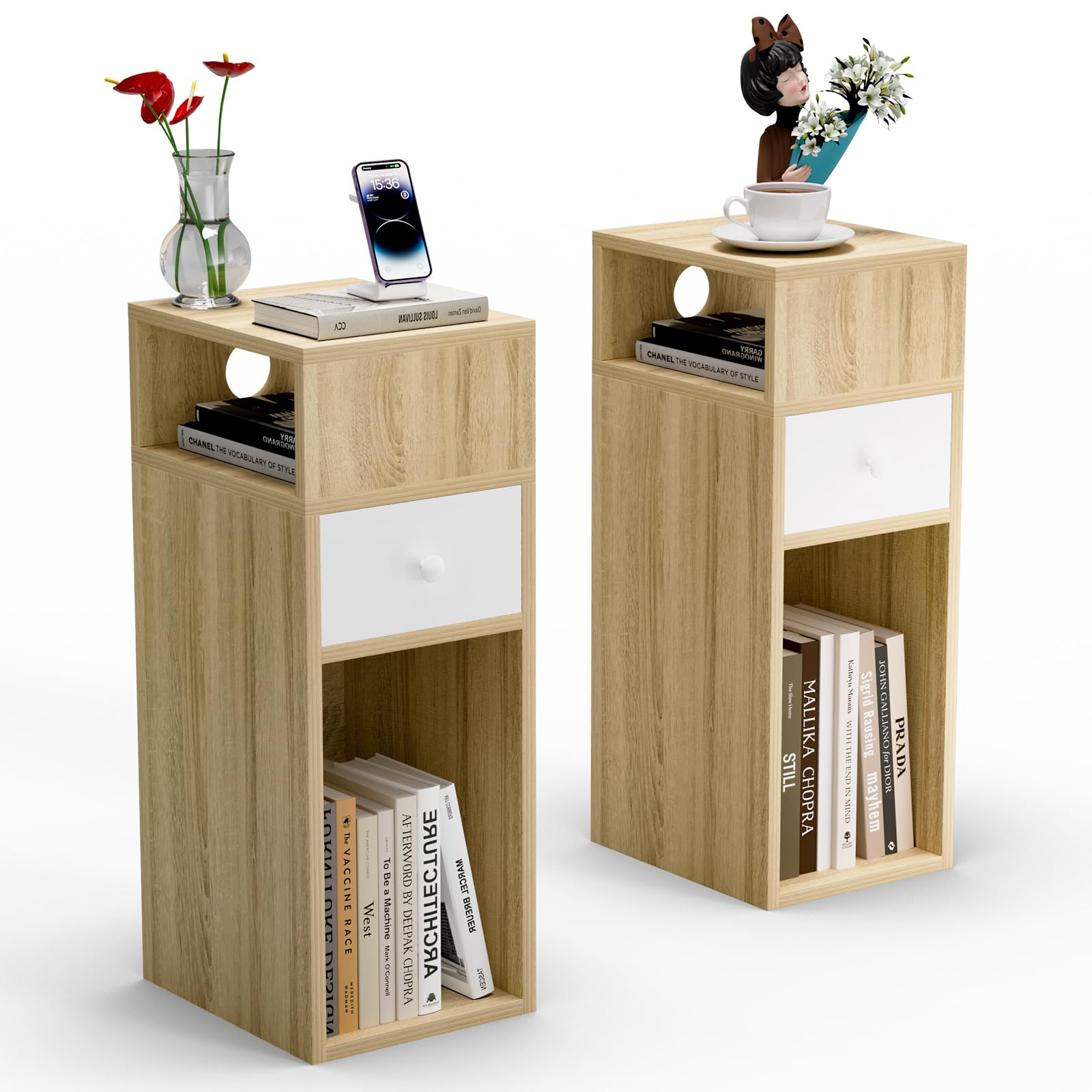 VOUNOT® Nachttisch 2er Set, Schmal, Beistelltisch mit 2 offenem Fach & 1 Schublade, Modern Nachtschrank, Nachtkästchen für Schlafzimmer, Wohnzimmer, 25x30x66cm Natur